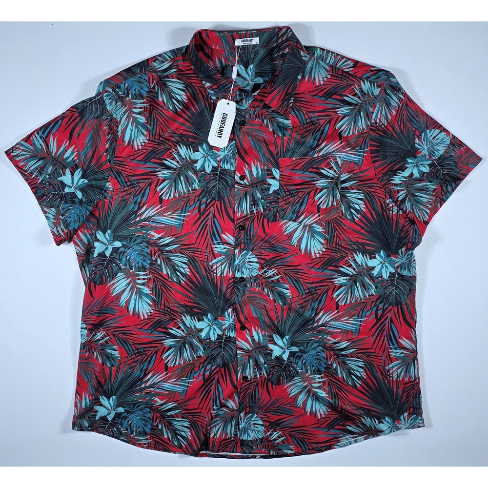 COOFANDY Men's 3XL Tropical Palm Leaf Print Button Down Red Teal Short Sleeve